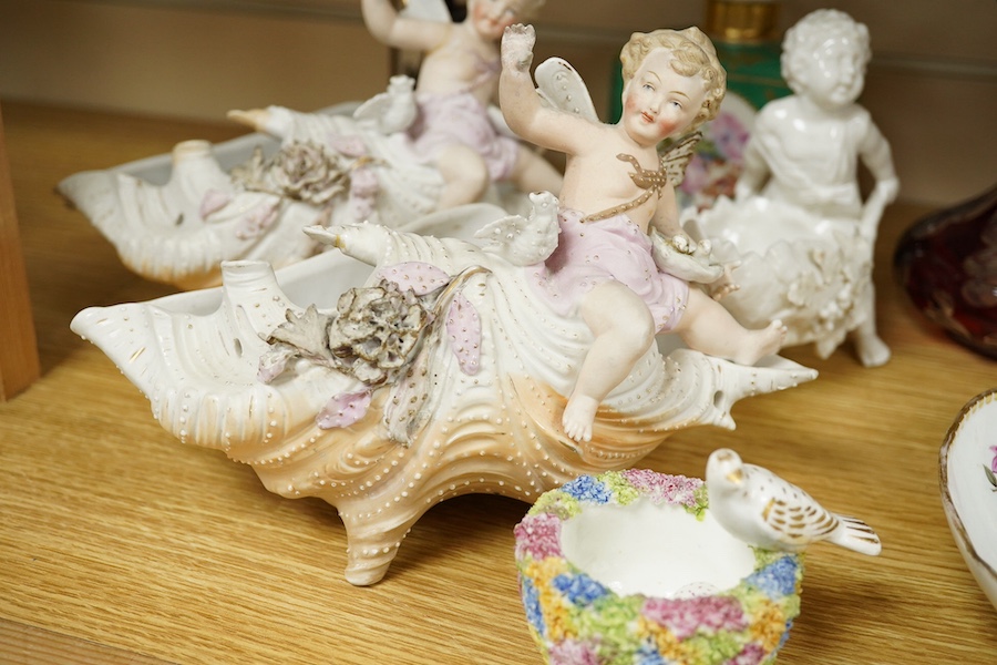 Sundry china and glass to include a red flashed glass scent bottle, a green glazed porcelain example and a Meissen second bird dish, largest 22cm wide. Condition - mostly fair, some minor breaks